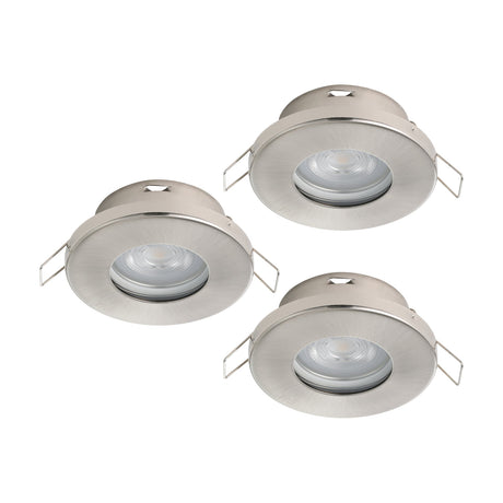 Set of three round recessed downlights in satin nickel with brushed steel bezels and clear glass covers over GU10 lamps, shown on a plain white background.