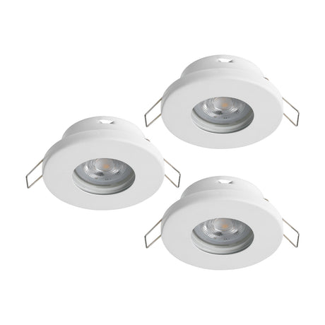 Set of three round recessed downlights, Favazzina 8.5cm, with white steel bodies, clear glass covers, GU10 bulbs, and spring clip fittings, shown on a plain white background.