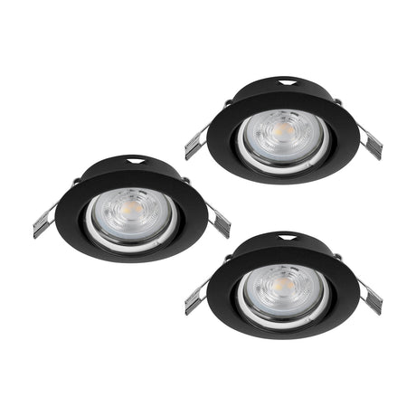 Favazzina Downlight 8.8cm Set of 3 in black steel, round recessed fixtures with tilting GU10 inner rings, shown on a plain white background.