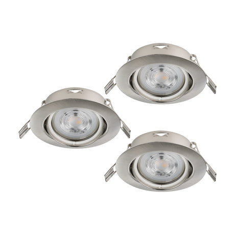 Set of three round recessed downlights in satin nickel with tiltable steel inner rings and GU10 LED bulbs, shown on a plain white background.