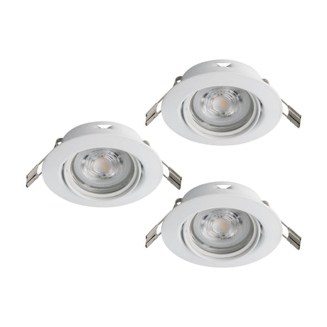 Favazzina 8.8cm round recessed downlights, set of 3, white steel trims with tiltable GU10 gimbal rings, shown with LED bulbs on a plain white background.