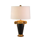Introducing the Gallier 1 Light Table Lamp in Black & Gold—a decorative piece perfect for home decor. This elegant lamp features a white cylindrical shade and an ornate vase-shaped base, accented with black and gold tones. The scroll-like details near the top add to its classic charm.