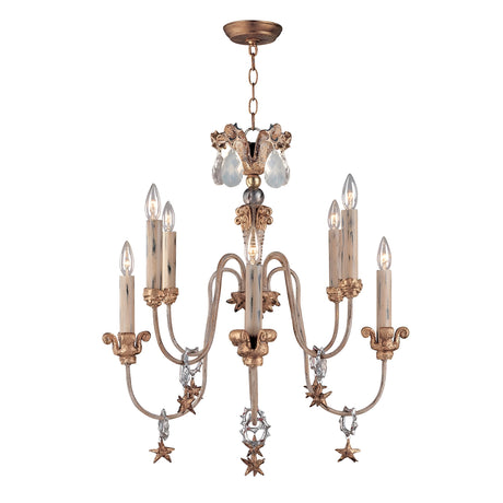 The Mignon 8 Light Chandelier - Gold & Silver features an exquisite design with eight candle-style bulbs, star pendants, and teardrop-shaped crystal droplets. Embellished with detailed scrollwork and floral motifs, its vintage charm is further enhanced by gold accents and a luxurious gold leaf finish.