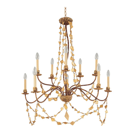 The Mosaic 10 Light Chandelier - Gold boasts an ornate golden finish with ten candle-style lights and intricate leaf and crystal decorations adorning its frame. It features a chain for ceiling suspension, adding an exquisite touch of elegance to any room.