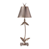 The Red Bell 1 Light Table Lamp, with its Silver Leaf finish and conical shade, is enhanced by leaf-shaped details on the stem and base, offering an elegant and natural appearance.