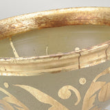 Close-up of the Rocheblave Decorative Bowl, showcasing its intricate antiqued gold leaf motifs and rim. The design highlights swirling patterns and a weathered texture, exuding an elegant, vintage charm.