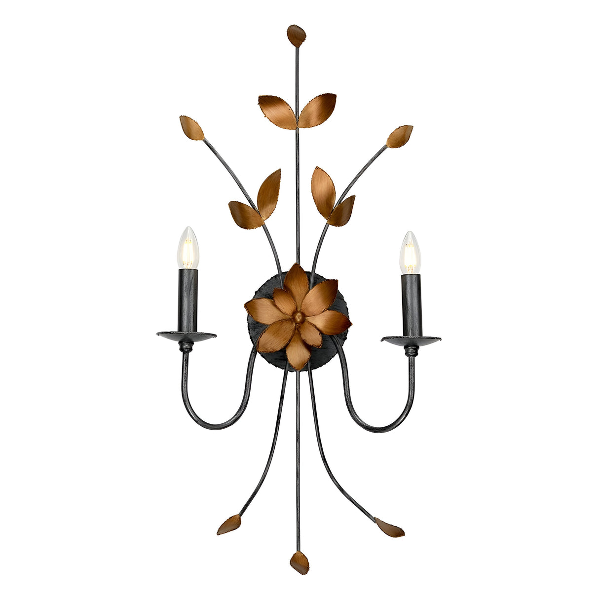 Introducing the Simone 2 Light Wall Light in metal and gold, featuring a decorative flower and leaf design. This ornate wall sconce has two candle-shaped lights, with curved branches extending outward from the center flower. Enhanced by elegant wall light accents, it adds a touch of timeless charm to any space.