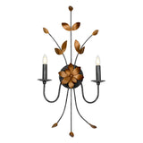 Introducing the Simone 2 Light Wall Light in metal and gold, featuring a decorative flower and leaf design. This ornate wall sconce has two candle-shaped lights, with curved branches extending outward from the center flower. Enhanced by elegant wall light accents, it adds a touch of timeless charm to any space.