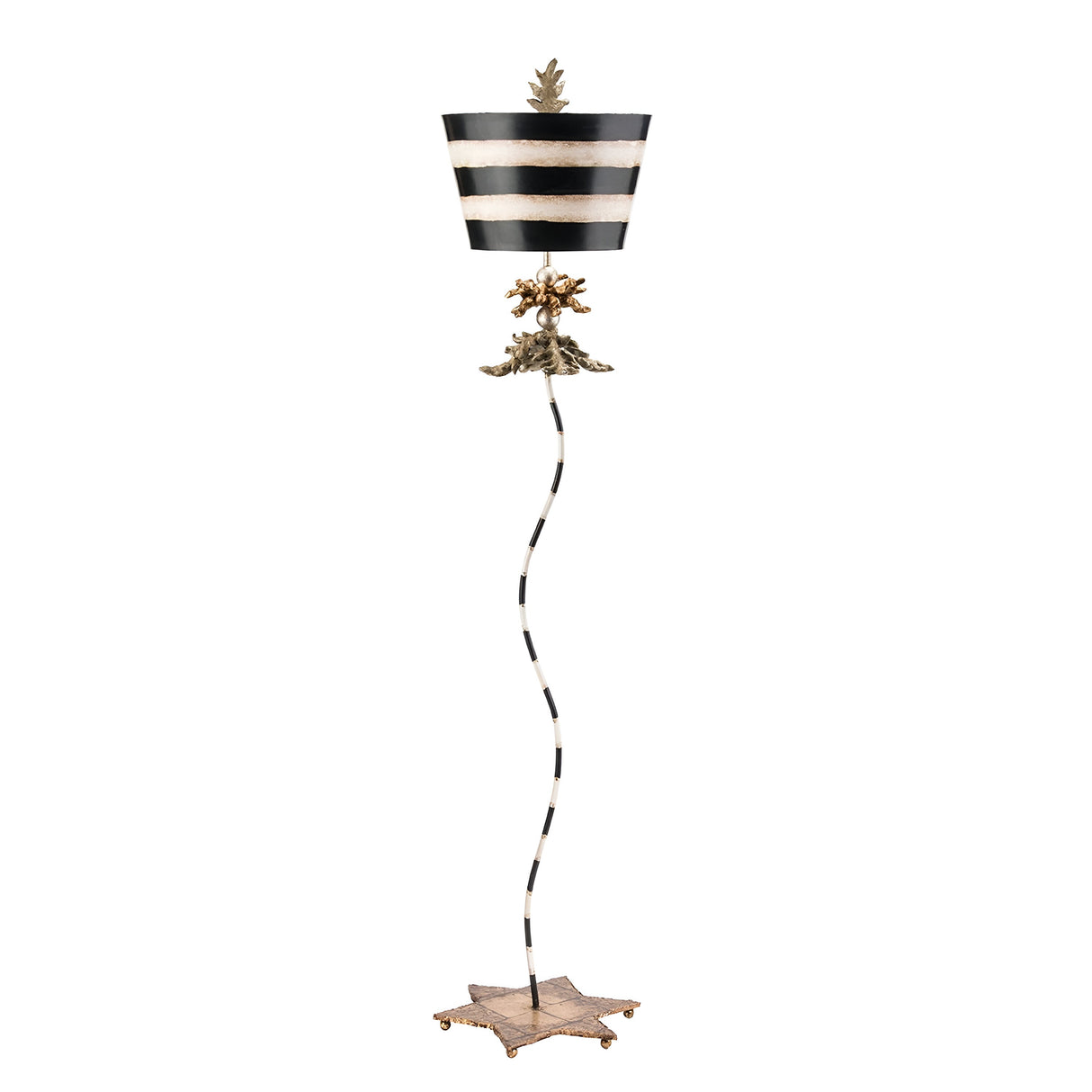 Introducing the South Beach 1 Light - Black, Putty & Gold Leaf, a whimsical creation featuring a wavy black and white striped stem, ornate gold floral details, and a striped conical shade. Its star-shaped base with small wheels exudes tropical elegance and adds flair to any room.