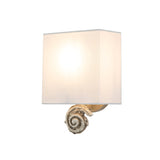 Introducing the Swirl 1 Light Small Wall Light in white, this wall-mounted fixture showcases a contemporary design with a square white lampshade. Its swirl pattern base is reminiscent of a seashell, providing a soft glow to any space.