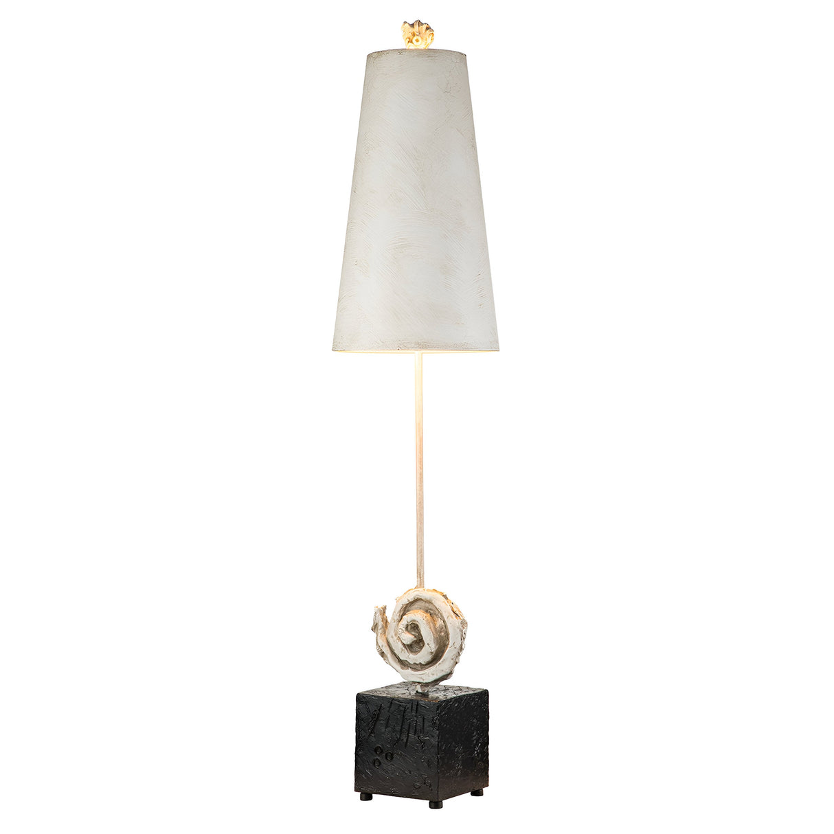 The Swirl 1 Light Table Lamp - White & Black showcases a tall, elegant design with an antique white conical shade. Its base features a striking spiral design atop a dark, textured cube, seamlessly blending contemporary and modern artistic aesthetics.