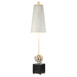 The Swirl 1 Light Table Lamp - White & Black showcases a tall, elegant design with an antique white conical shade. Its base features a striking spiral design atop a dark, textured cube, seamlessly blending contemporary and modern artistic aesthetics.