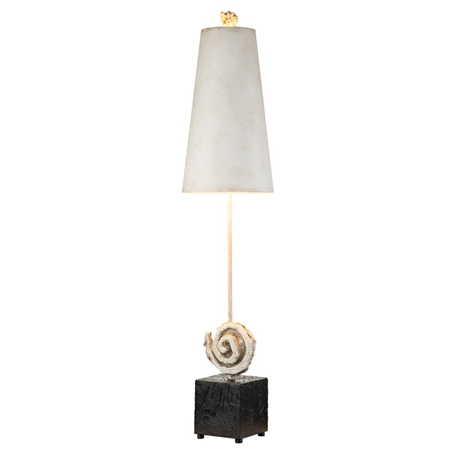 The Swirl 1 Light Table Lamp - White & Black showcases a tall, elegant design with an antique white conical shade. Its base features a striking spiral design atop a dark, textured cube, seamlessly blending contemporary and modern artistic aesthetics.