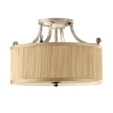 Introducing the Abbey 3 Light Semi Flush - Silver Sand, a fixture with a metallic frame embellished with decorative scroll details. Its timeless elegance is highlighted by beige pleated shades, making it an ideal choice for adding sophistication to any room with its semi-flush mount design.
