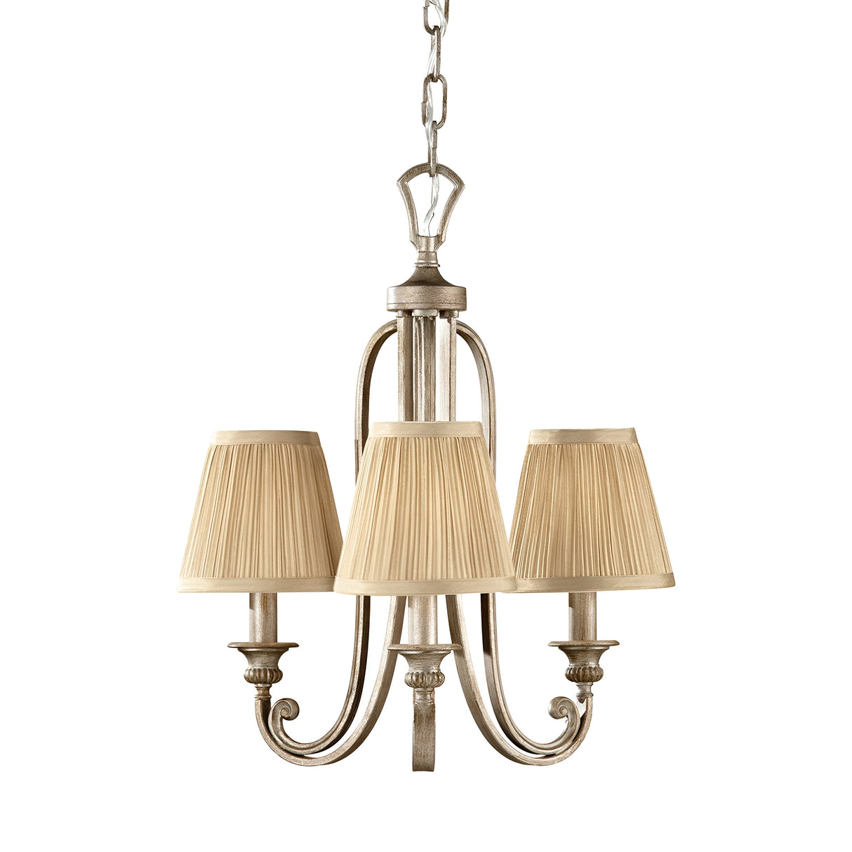 The Abbey 3 Light Chandelier - Silver Sand boasts three gold pleated shades and an ornate silver frame, all in a sophisticated Silver Sand finish.