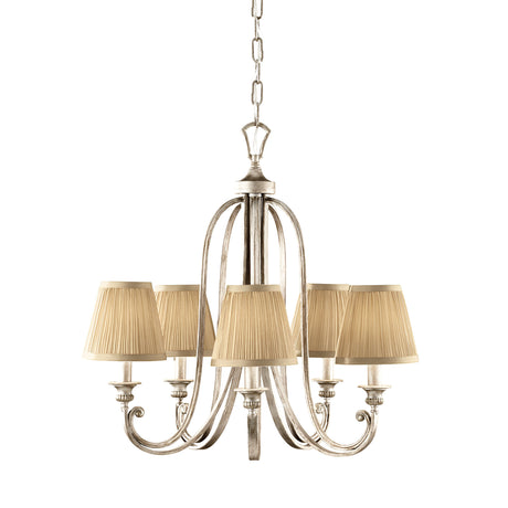 The Abbey 5 Light Chandelier - Silver Sand features a captivating finish and timeless design. With five lamps adorned with elegant beige fabric shades, it is gracefully suspended by a chain to add sophistication to any space.