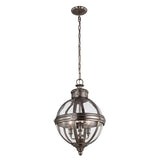 The Adams 3 Light Chandelier in Antique Nickel exhibits Victorian-inspired lighting with its vintage-style hanging design. Featuring a spherical, clear glass shade and metal framework, this chandelier showcases classic craftsmanship. It includes a chain for suspension and accommodates multiple light bulbs inside.