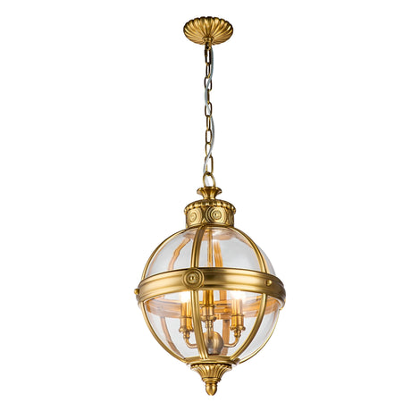 The Adams 3 Light Chandelier, crafted in burnished brass, presents a vintage-style design with a spherical glass shade and gold-colored metal accents. Its candle-like bulb fixtures inside evoke Victorian design lighting for timeless elegance.