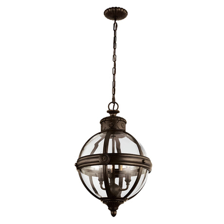 Introducing the Adams 3 Light Chandelier in British Bronze, a fixture that beautifully blends vintage charm with industrial design. It features a spherical glass globe enclosed in an ornate British bronze frame and is suspended elegantly from a chain, showcasing visible bulb sockets for added character.