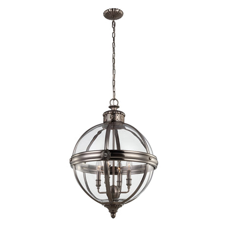 The Adams 4 Light Chandelier - Antique Nickel showcases Victorian-inspired elegance through its spherical design. Featuring a metal frame and glass panels in antique nickel, it houses several candelabra-style lights and beautifully hangs from the ceiling by a chain.