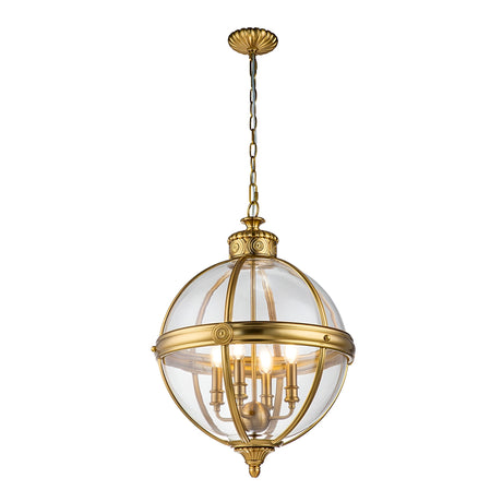 The Adams 4 Light Chandelier in Burnished Brass offers a vintage-style, Victorian-inspired design with clear glass panels and multiple candle-like light bulbs. Hanging elegantly from a chain, it showcases intricate detailing and classic styling, making it an ideal addition to luxury home decor.