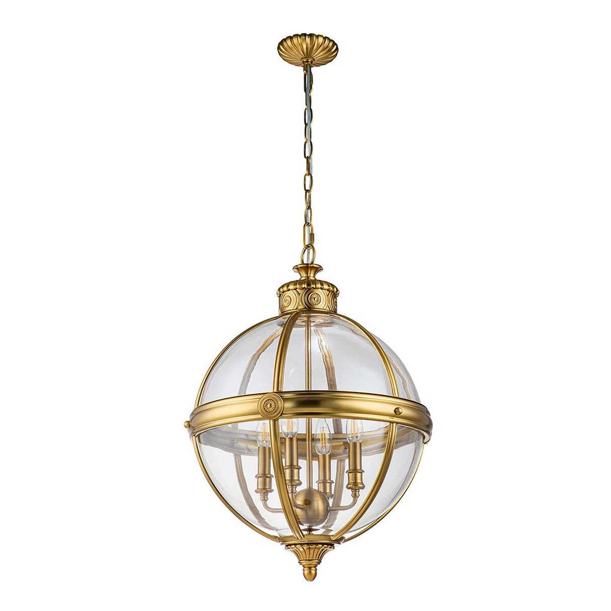 The Adams 4 Light Chandelier - Burnished Brass showcases a Victorian-inspired design with a spherical pendant featuring clear glass panels and multiple candle-style bulbs. Elegantly suspended from the ceiling by a chain, it adds a luxurious touch to any room's decor.