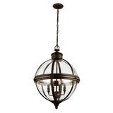 Introducing the Adams 4 Light Chandelier in British Bronze, featuring a spherical hanging pendant design that embodies the elegance of the Victorian Era. Its framework accentuates clear glass panels, while inside, several candle-like bulb fixtures are suspended from a chain, offering a vintage charm to any room.