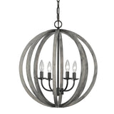 The Allier 4 Light Chandelier, crafted from Weathered Oak Wood and Antique Forged Iron, showcases a rustic design with gracefully curved wooden bands in a weathered finish that encircle four exposed candle-shaped bulbs. Suspended by a chain, it is the epitome of Rustic Industrial Lighting.