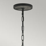 A close-up of a chain from the Allier 4 Light Chandelier, featuring weathered oak wood and antique forged iron, hangs from a circular ceiling mount against a plain gray background, capturing the rugged charm of rustic industrial lighting.