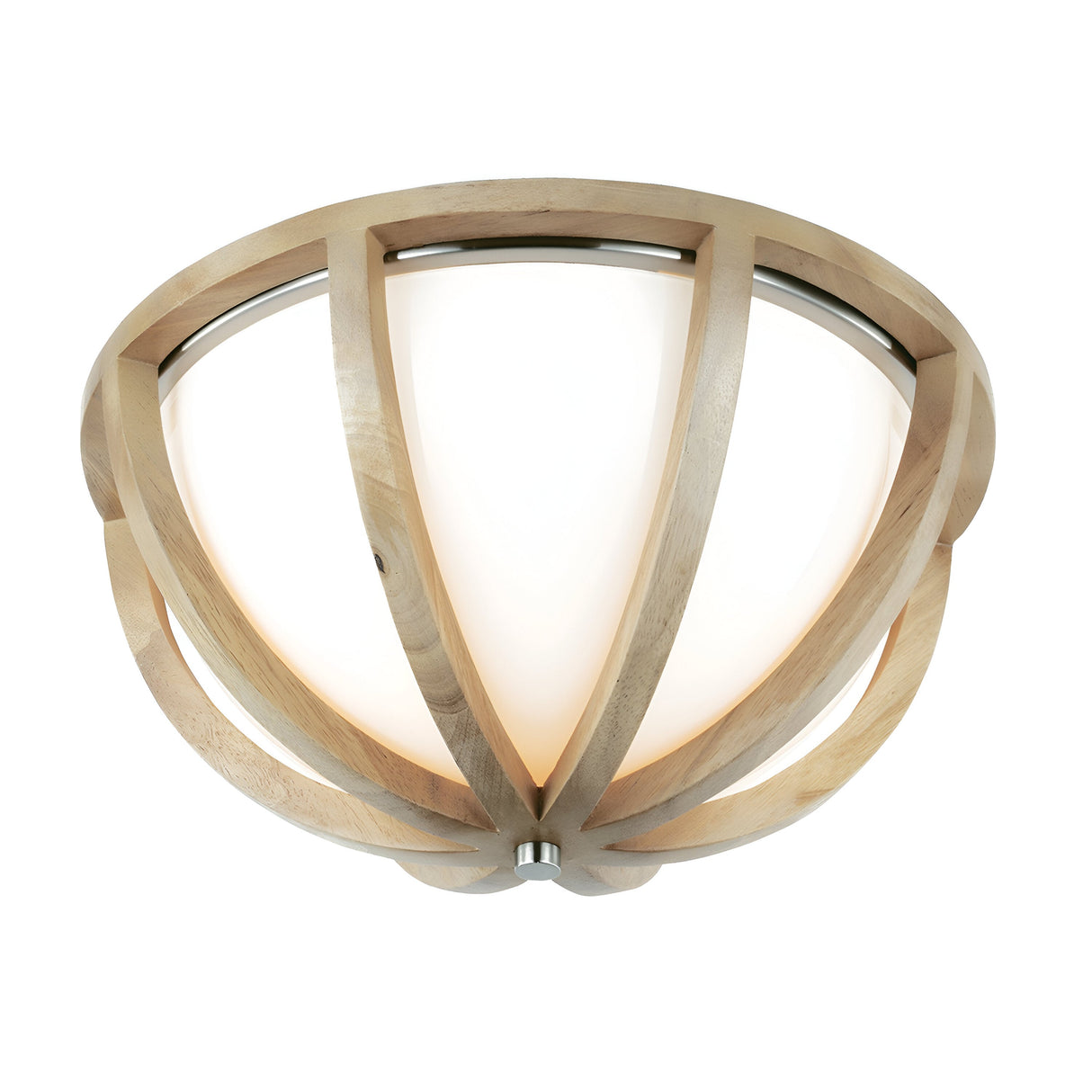 The Allier 2 Light Flush showcases a contemporary and elegant design, featuring a white glass dome with a wooden lattice pattern. Its light wood boasts a natural finish that beautifully complements the brushed steel elements.