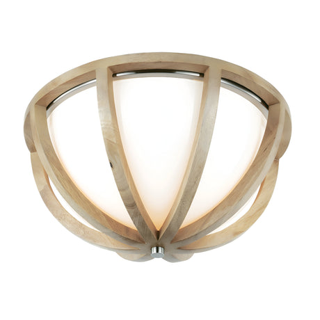 The Allier 2 Light Flush showcases a contemporary and elegant design, featuring a white glass dome with a wooden lattice pattern. Its light wood boasts a natural finish that beautifully complements the brushed steel elements.