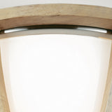 Close-up of the Allier 2 Light Flush, featuring a brushed steel frame and frosted glass cover that diffuses light to create a warm glow. The fixture includes wood accents with a natural finish for a rustic touch.