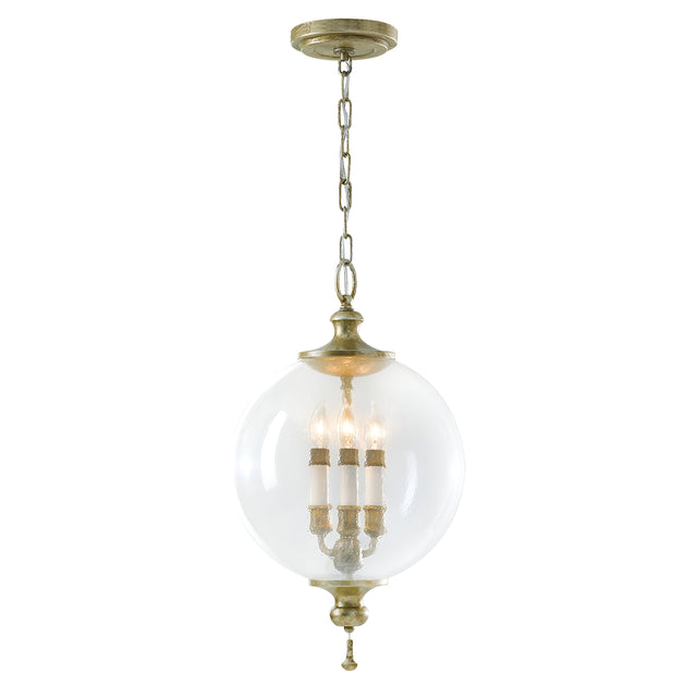 The Argento 3 Light Chandelier in an oxidized silver leaf finish showcases a clear hand-blown bubble glass globe that houses three candle-shaped bulbs. It gracefully suspends from a chain linked to a round ceiling mount, providing a vintage elegance.