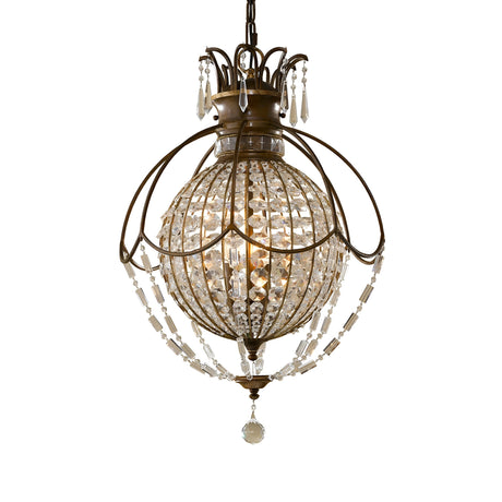 The Bellini 3 Light Chandelier in Oxidized Bronze/British Bronze features a spacious spherical design with an intricate metal frame, embellished with antique quartz crystals and beads. It emits a warm glow reminiscent of the 1920's French Chateau style, enhancing its decorative elements.