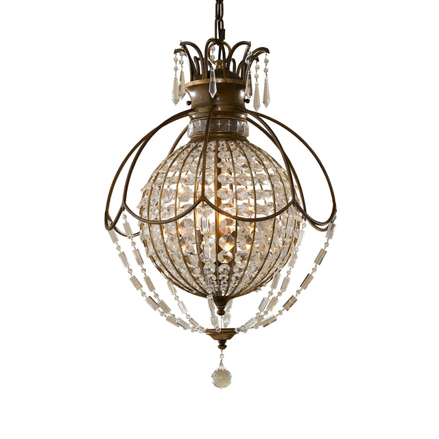 The Bellini 3 Light Chandelier in Oxidized Bronze/British Bronze features a spacious spherical design with an intricate metal frame, embellished with antique quartz crystals and beads. It emits a warm glow reminiscent of the 1920's French Chateau style, enhancing its decorative elements.