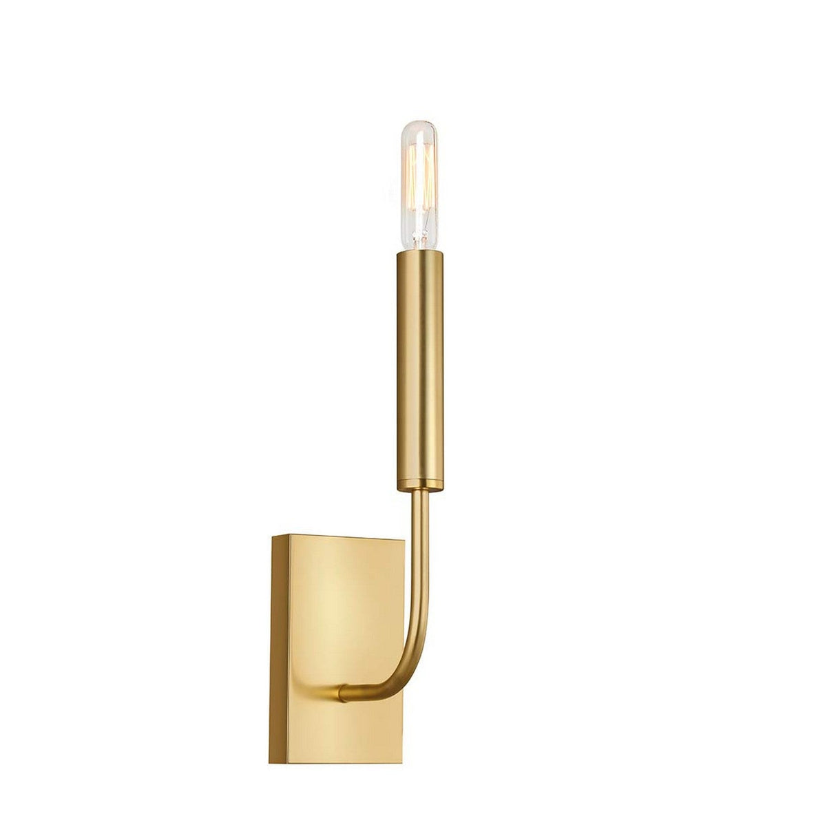 The Brianna 1 Light Wall Light - Burnished Brass features a cylindrical design with an exposed bulb mounted on a rectangular base. Its minimalist style is accentuated by the smooth, burnished brass finish, delivering timeless elegance.