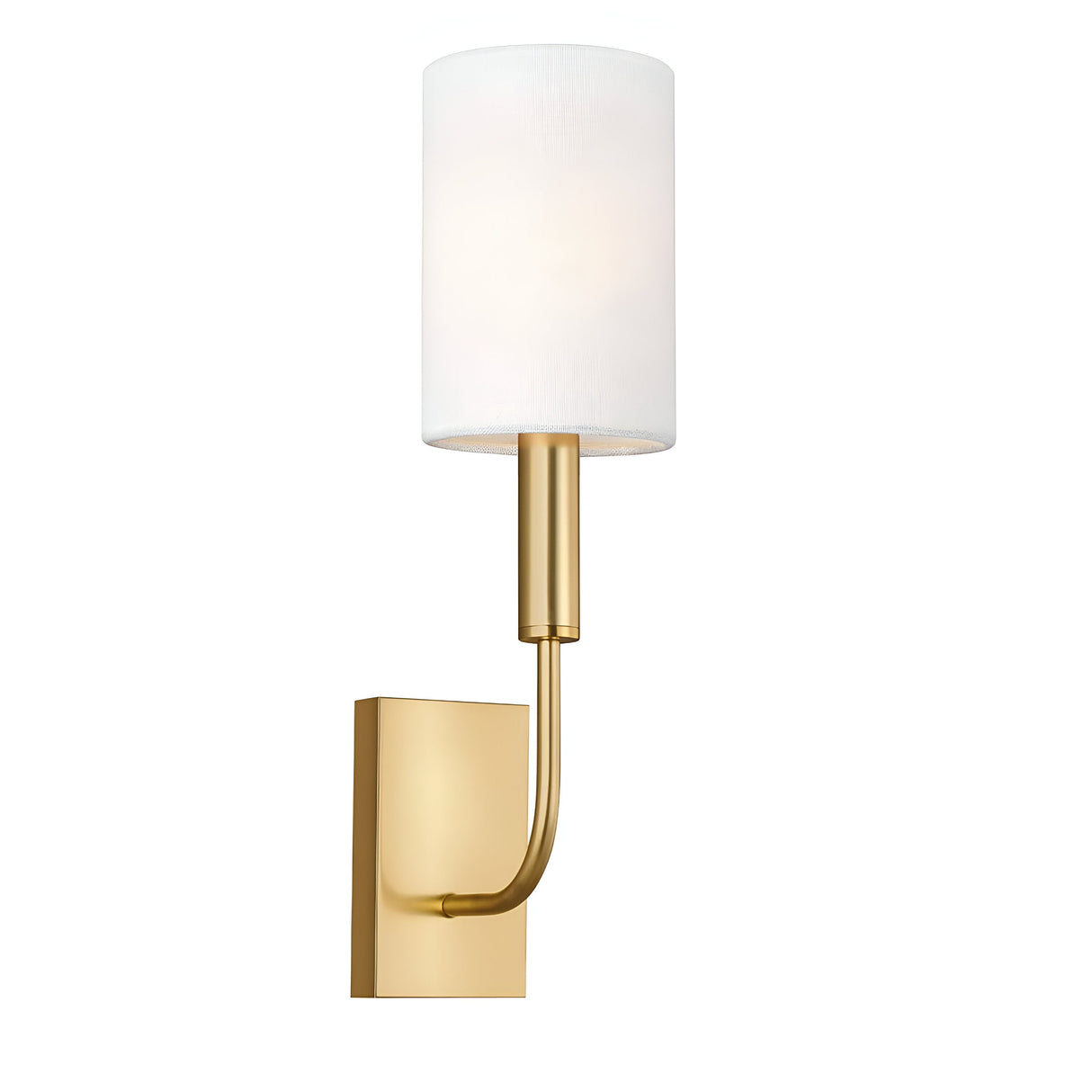 The Brianna 1 Light Wall Light in Burnished Brass exemplifies a chic, minimalist aesthetic with its elegant burnished brass base and arm. It gracefully supports a cylindrical white linen shade that gently diffuses light and is attractively mounted on a straightforward rectangular backplate.