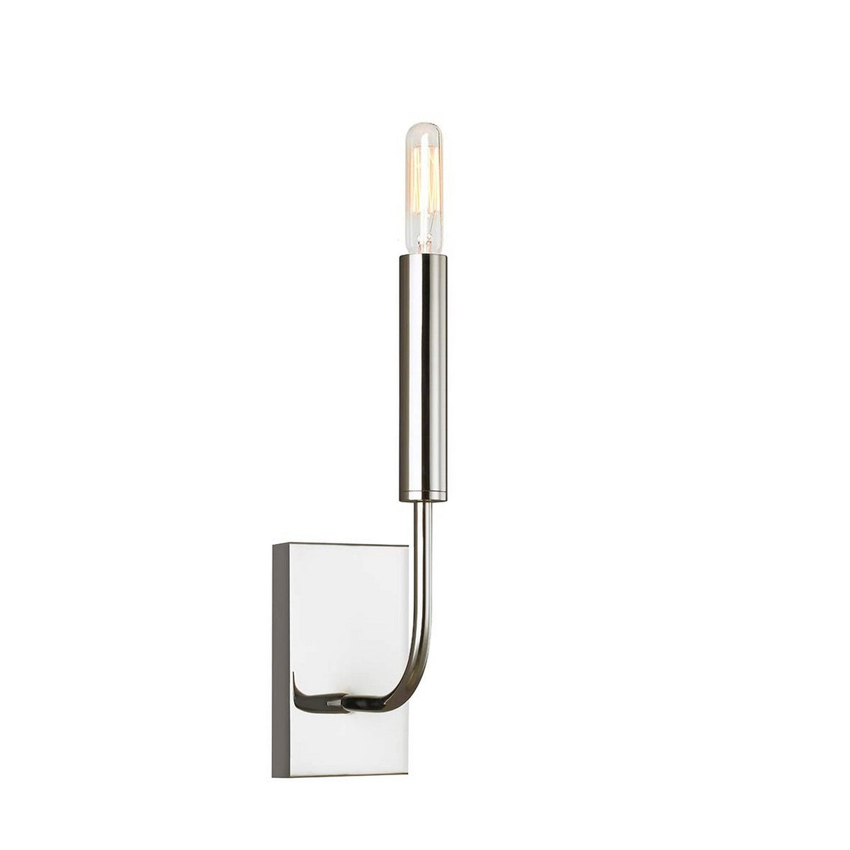 The Brianna 1 Light Wall Light in polished nickel showcases contemporary elegance with its modern, long vertical design. It features an exposed bulb at the top mounted on a rectangular base, offering a minimalist style that provides ambient lighting ideal for contemporary interiors.