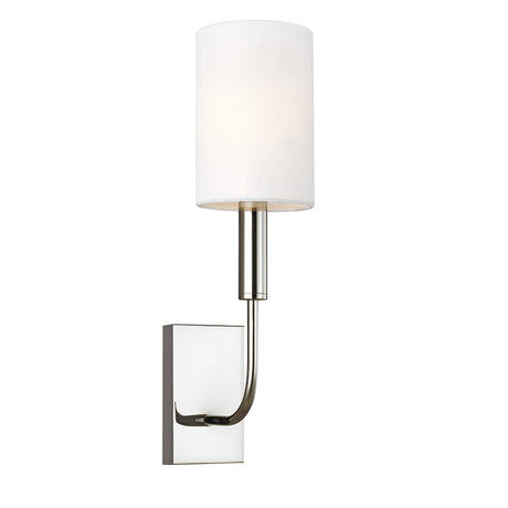 The Brianna 1 Light Wall Light in polished nickel boasts contemporary elegance with its clean, modern design. It features a vertical cylindrical white lampshade, a rectangular base, and a sleek arm for perfect ambient lighting.