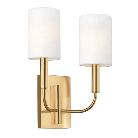 The Brianna 2 Light Wall Light in burnished brass finish features two white linen cylindrical shades, offering a modern touch to interior spaces. This sleek fixture is designed with clean lines and a contemporary aesthetic to enhance elegance.