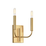 The Brianna 2 Light Wall Light in Burnished Brass showcases a contemporary design with its dual-light structure. It features two upward-facing, slim cylindrical arms that hold light bulbs, enhanced by minimalist aesthetics and complemented by a rectangular wall mount.