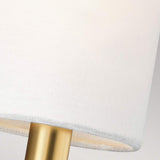 Close-up of the Brianna 2 Light Wall Light showcasing a white linen cylindrical shade paired with a burnished brass base. The image beautifully highlights the fabric's texture and the metal's smooth finish.