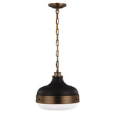 The Cadence 2 Light Pendant in Dark Antique Brass/Matte Black, featuring a frosted white glass shade, exudes industrial lighting charm as it hangs elegantly from a metal chain.