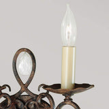 Close-up of a decorative candle-style bulb atop a metal chandelier with a mocha bronze finish. A teardrop-shaped crystal hangs from the ornate framework, adding an elegant touch reminiscent of the Chateau 2 Light Wall Light - Mocha Bronze. The background is plain and light-colored.