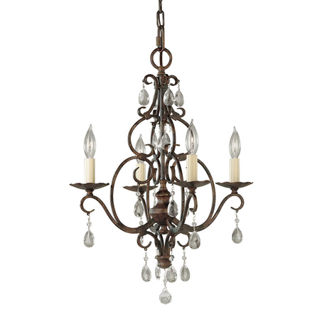 The Chateau 4 Light Chandelier in mocha bronze exudes a vintage style with its ornate design. It boasts four candle-shaped lights and showcases intricate metalwork with an antique finish, embellished with crystal accents and teardrop-shaped pendants.