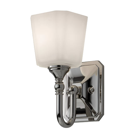 The Concord 1 Light Wall Light - Polished Chrome is distinguished by a polished chrome finish, highlighting a curved arm paired with an opal-etched glass shade and elegantly mounted on a rectangular baseplate.