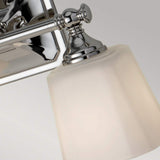 Here is a close-up of the polished chrome fixture called the Concord 2 Light Wall Light - Polished Chrome. It prominently features one frosted glass shade facing downward against a light gray backdrop, exemplifying modern elegance with its opal-etched glass design.
