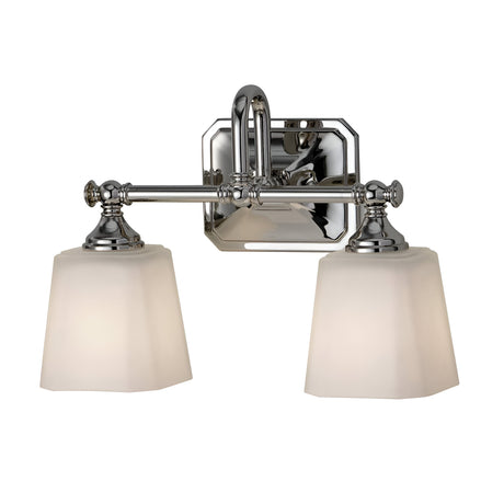 The Concord 2 Light Wall Light - Polished Chrome showcases a polished chrome fixture complemented by opal-etched glass shades. It features a geometric backplate and elegantly curved arm design, making it a sleek contemporary piece ideal for modern interiors.