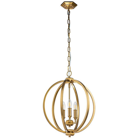 The Corinne 3 Light Medium Chandelier in burnished brass features a geometric design, with three candle-style light bulbs encased in circular metal rings that hang from a chain. This fixture seamlessly combines mid-century elegance with modern aesthetics, making it a striking focal point in any room.