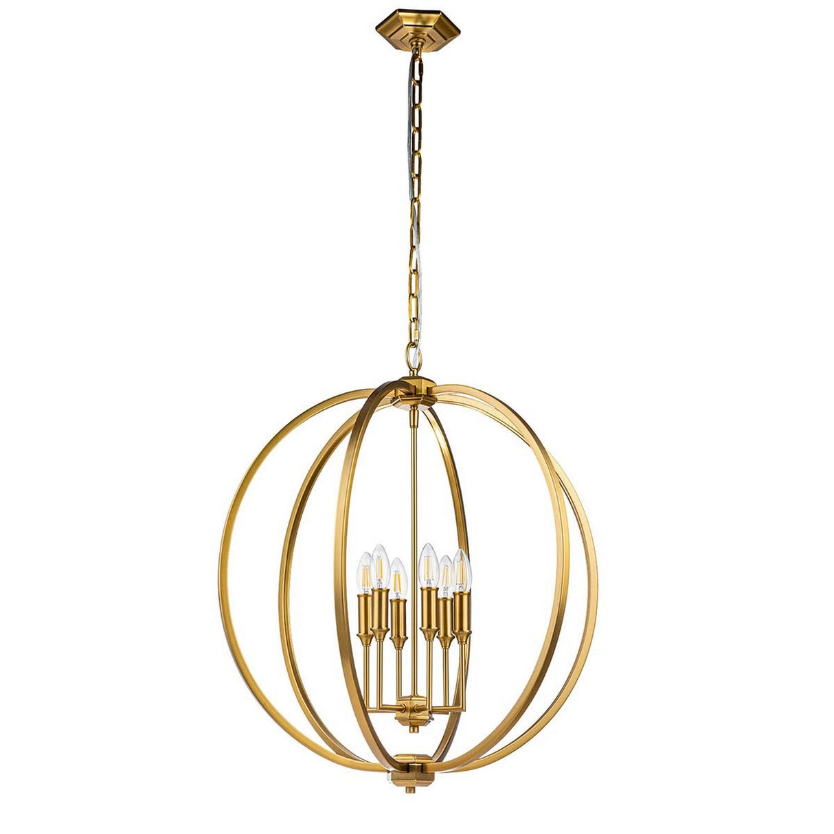 Introducing the Corinne 6 Light Chandelier in Burnished Brass: a contemporary lighting fixture showcasing a modern gold design. Its open orb silhouette is crafted from multiple concentric metal rings, and inside, six candle-like lights are elegantly suspended from a chain.